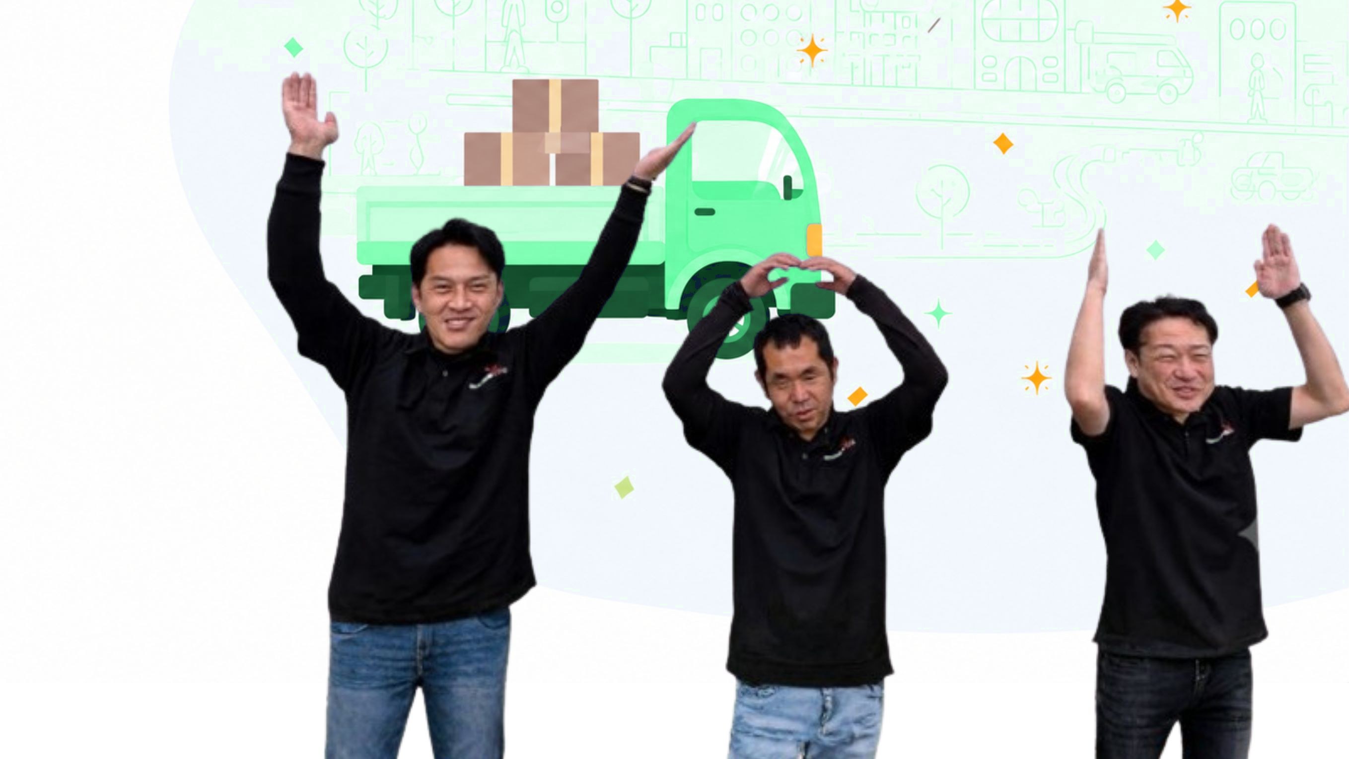 スタッフ3名が体でY・O・Uを表現している様子