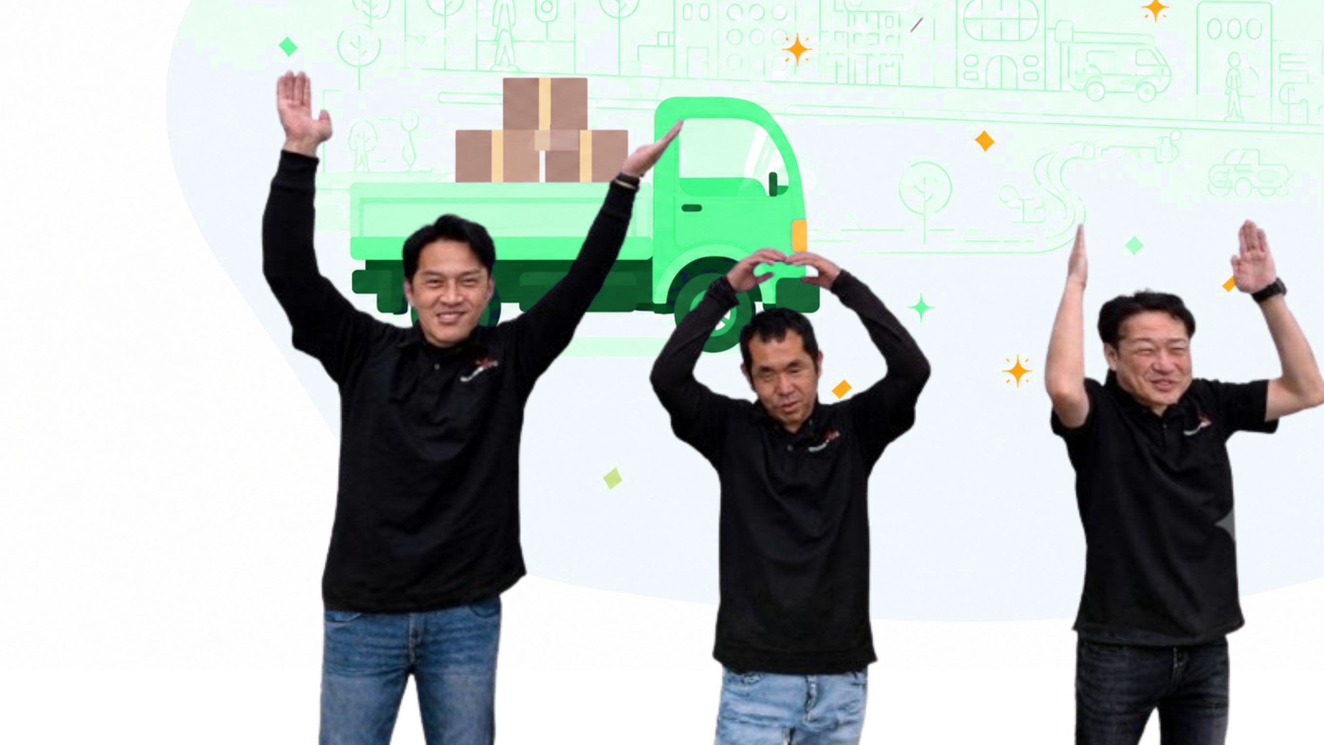 スタッフ3名が体でY・O・Uを表現している様子