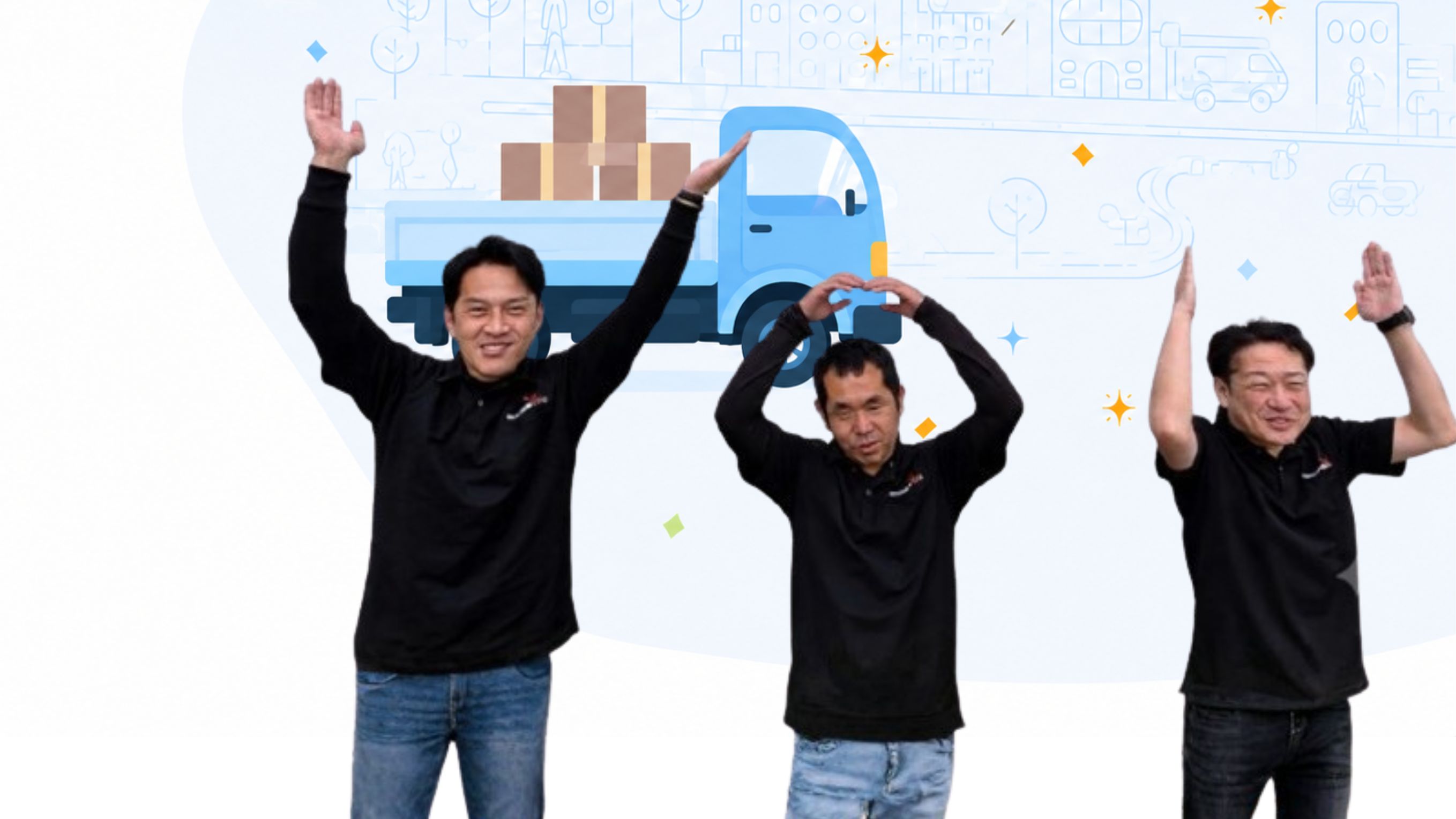 スタッフ3名が体でY・O・Uを表現している様子
